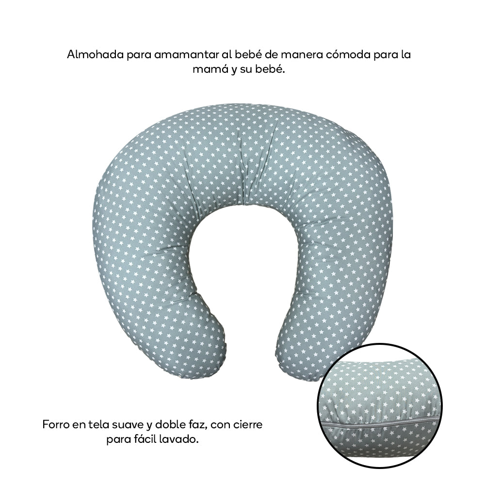 Almohada de lactancia gris con estrellas destacando su suavidad, doble faz y funda con cierre. | Nubba Bebé
