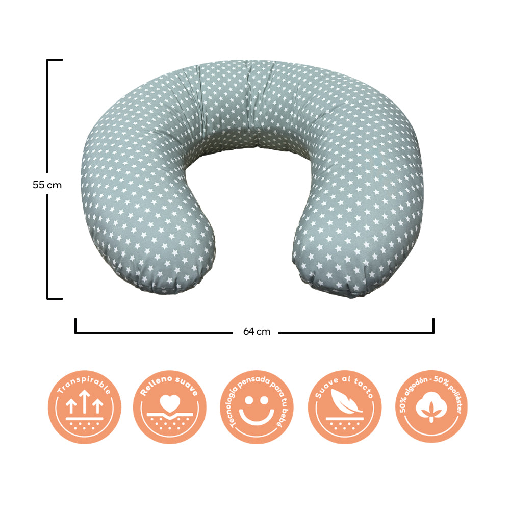 Almohada de lactancia gris con estrellas, mostrando sus medidas y características transpirables y de relleno suave. | Nubba Bebé